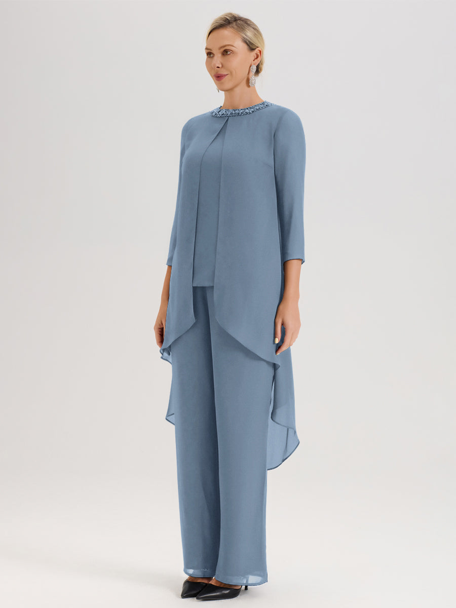 Cicinia Bleu De Schiste Ensemble Pantalon 2 Pièces Pour Mère De La Mariée En Mousseline À Col Rond Et Manches Longues