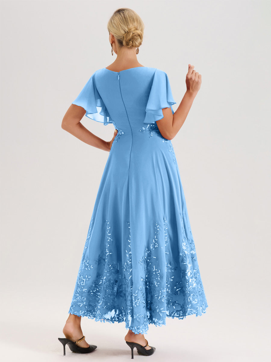 Cicinia Bleu Robe De Mère De La Mariée Longue À La Cheville Ligne A En Dentelle Et Mousseline À Col Bateau Et Manches Courtes Volantées