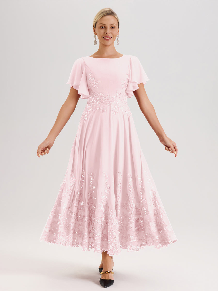 Cicinia Rose Pâle Robe De Mère De La Mariée Longue À La Cheville Ligne A En Dentelle Et Mousseline À Col Bateau Et Manches Courtes Volantées