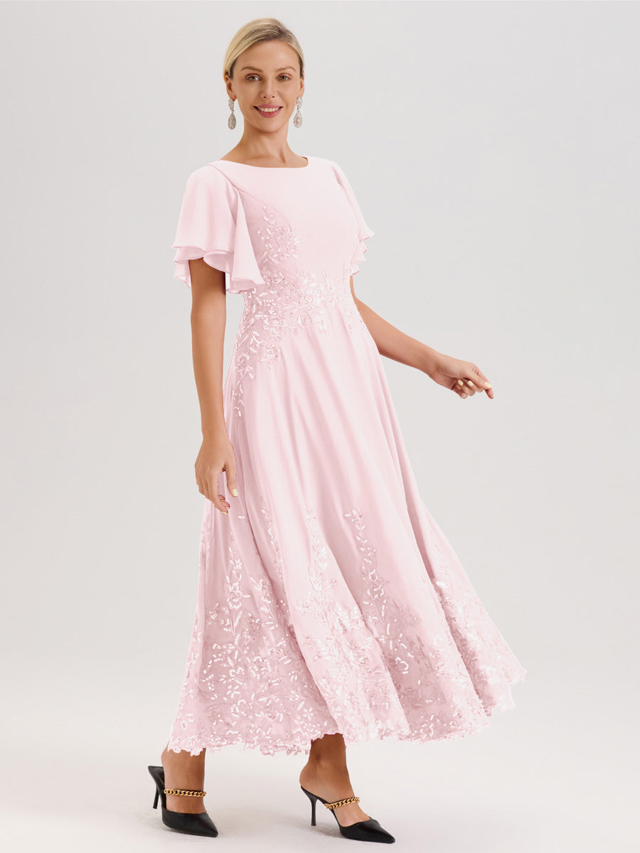 Cicinia Rose Pâle Robe De Mère De La Mariée Longue À La Cheville Ligne A En Dentelle Et Mousseline À Col Bateau Et Manches Courtes Volantées