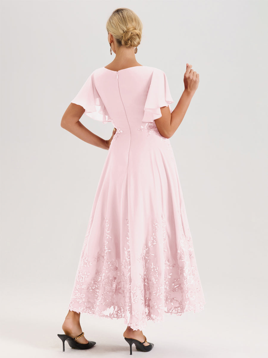Cicinia Rose Pâle Robe De Mère De La Mariée Longue À La Cheville Ligne A En Dentelle Et Mousseline À Col Bateau Et Manches Courtes Volantées