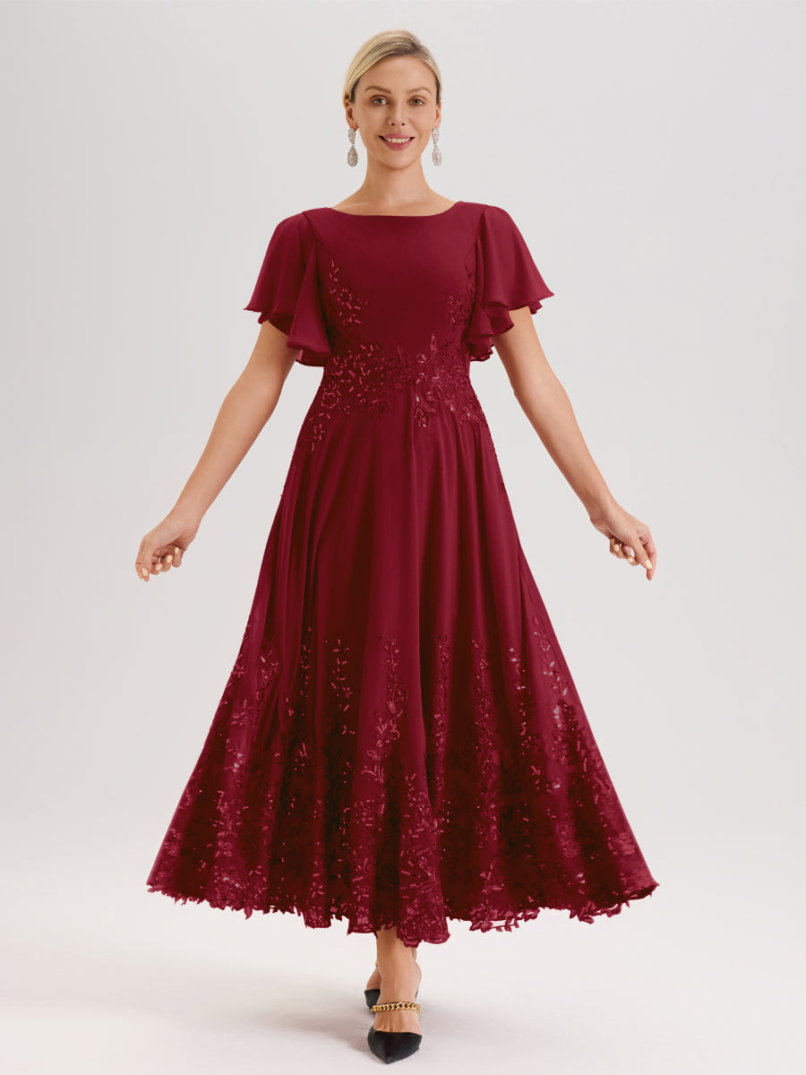 Cicinia Bordeaux Robe De Mère De La Mariée Longue À La Cheville Ligne A En Dentelle Et Mousseline À Col Bateau Et Manches Courtes Volantées