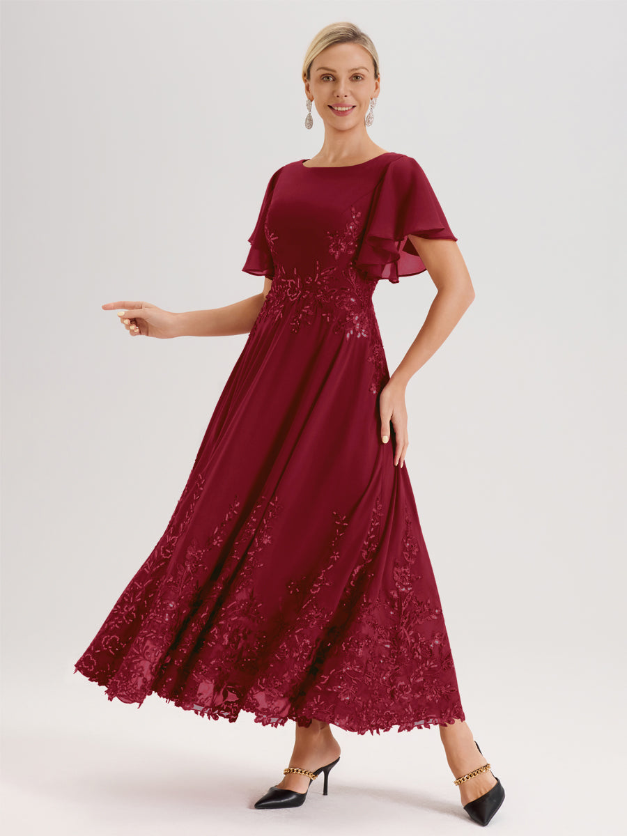 Cicinia Bordeaux Robe De Mère De La Mariée Longue À La Cheville Ligne A En Dentelle Et Mousseline À Col Bateau Et Manches Courtes Volantées
