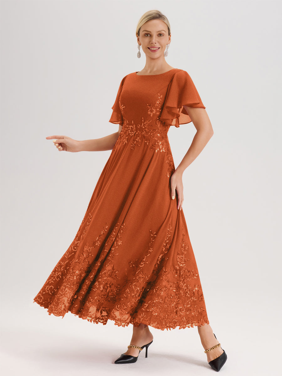 Cicinia Orange Brûlé Robe De Mère De La Mariée Longue À La Cheville Ligne A En Dentelle Et Mousseline À Col Bateau Et Manches Courtes Volantées