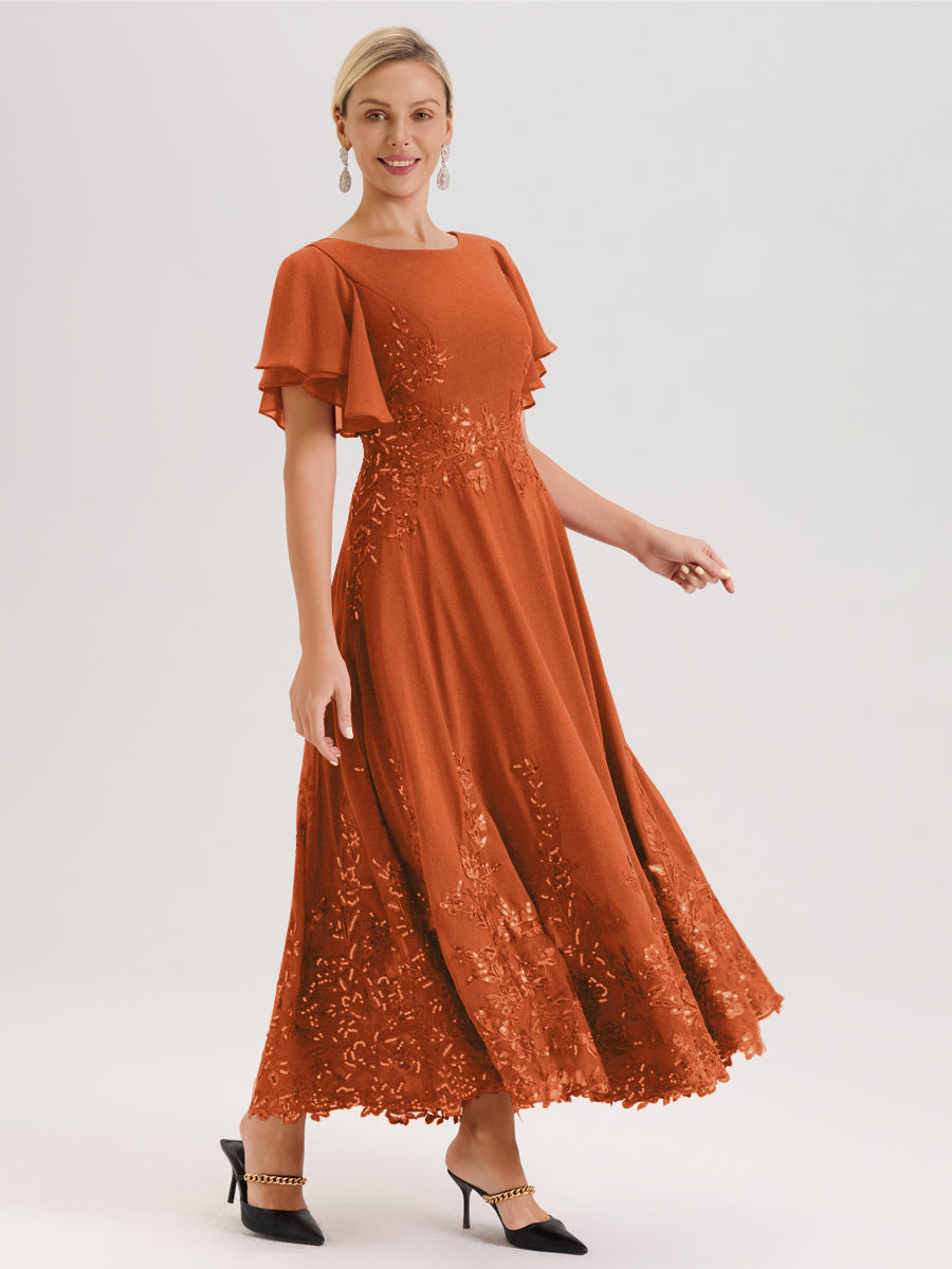 Cicinia Orange Brûlé Robe De Mère De La Mariée Longue À La Cheville Ligne A En Dentelle Et Mousseline À Col Bateau Et Manches Courtes Volantées