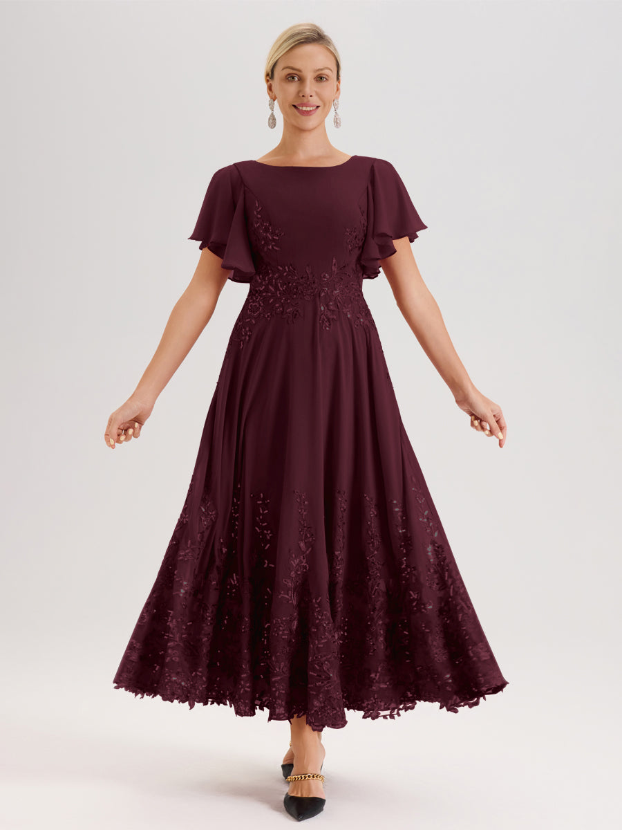 Cicinia Cabernet Robe De Mère De La Mariée Longue À La Cheville Ligne A En Dentelle Et Mousseline À Col Bateau Et Manches Courtes Volantées