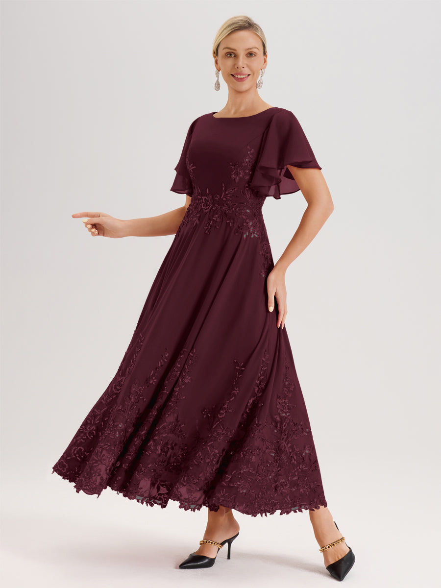 Cicinia Cabernet Robe De Mère De La Mariée Longue À La Cheville Ligne A En Dentelle Et Mousseline À Col Bateau Et Manches Courtes Volantées