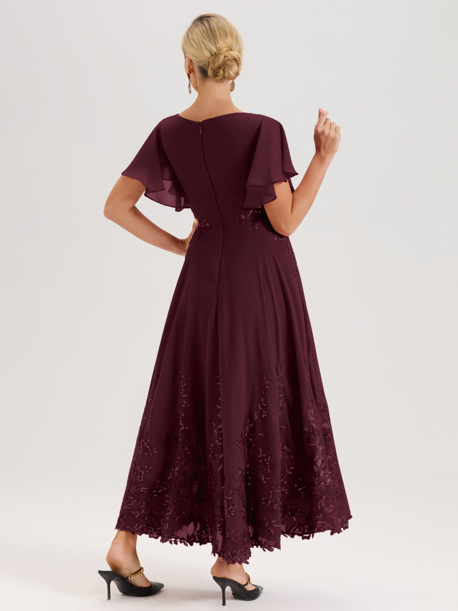 Cicinia Cabernet Robe De Mère De La Mariée Longue À La Cheville Ligne A En Dentelle Et Mousseline À Col Bateau Et Manches Courtes Volantées
