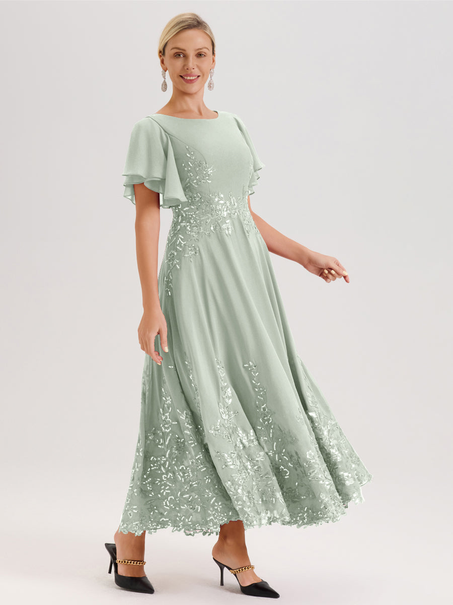 Cicinia Celadon Robe De Mère De La Mariée Longue À La Cheville Ligne A En Dentelle Et Mousseline À Col Bateau Et Manches Courtes Volantées