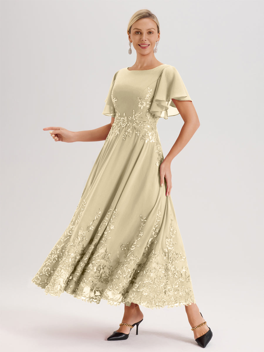 Cicinia Champagne Robe De Mère De La Mariée Longue À La Cheville Ligne A En Dentelle Et Mousseline À Col Bateau Et Manches Courtes Volantées