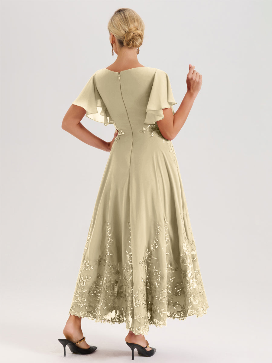 Cicinia Champagne Robe De Mère De La Mariée Longue À La Cheville Ligne A En Dentelle Et Mousseline À Col Bateau Et Manches Courtes Volantées