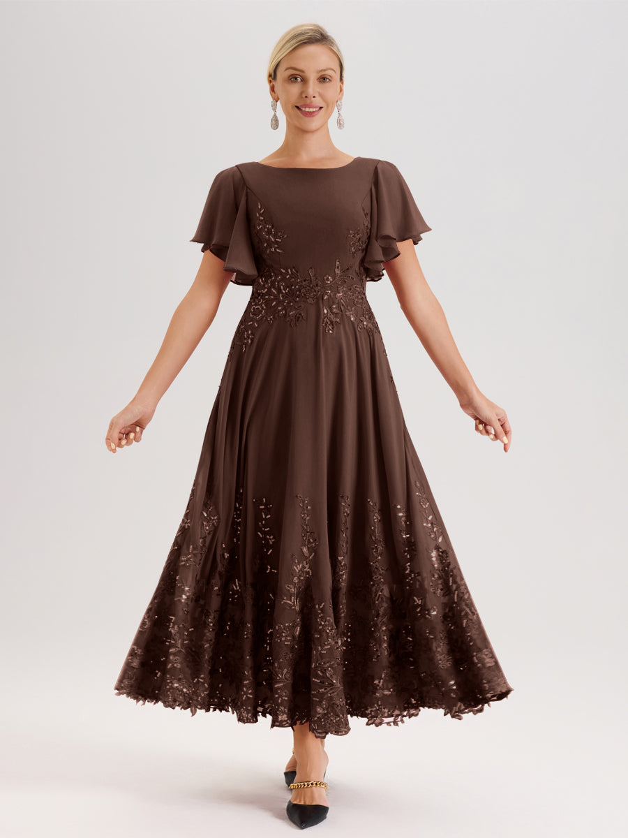 Cicinia Chocolat Robe De Mère De La Mariée Longue À La Cheville Ligne A En Dentelle Et Mousseline À Col Bateau Et Manches Courtes Volantées
