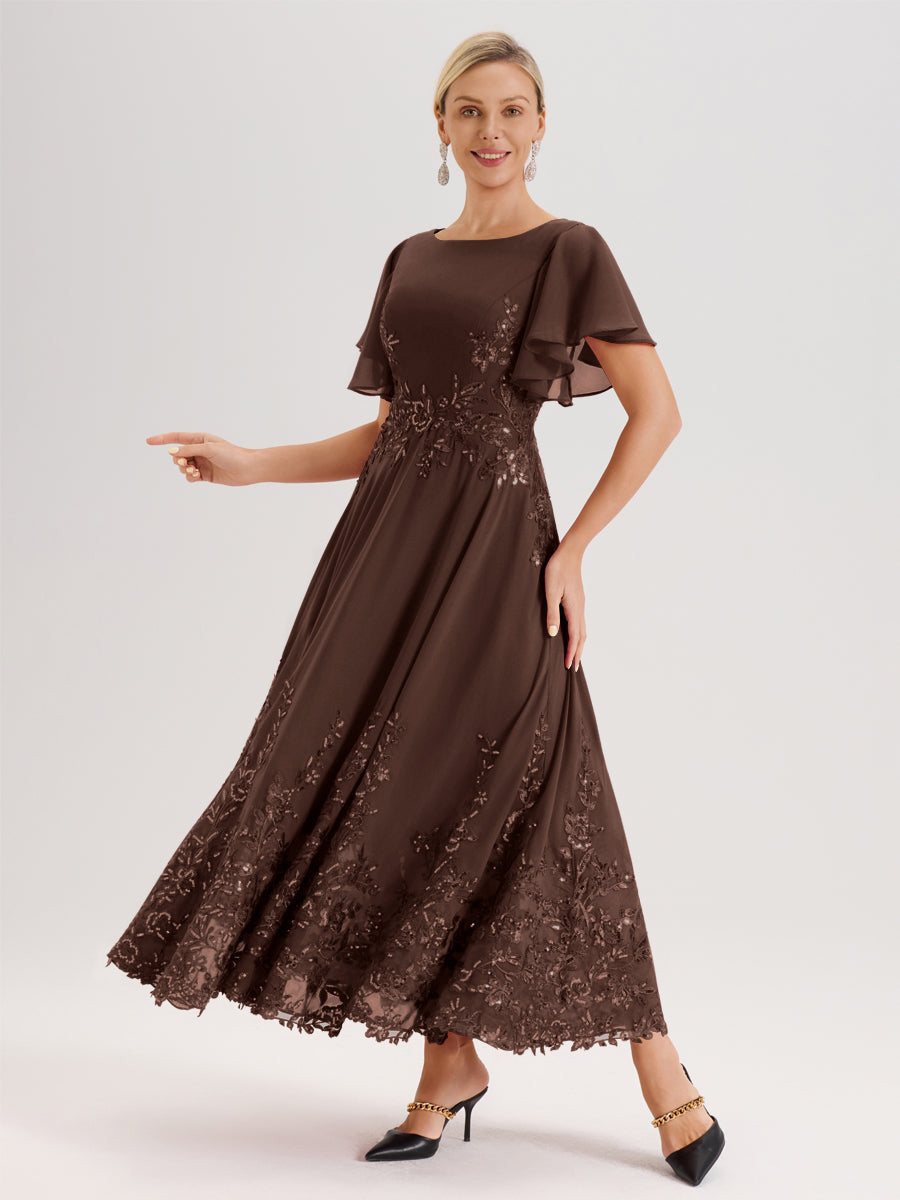 Cicinia Chocolat Robe De Mère De La Mariée Longue À La Cheville Ligne A En Dentelle Et Mousseline À Col Bateau Et Manches Courtes Volantées