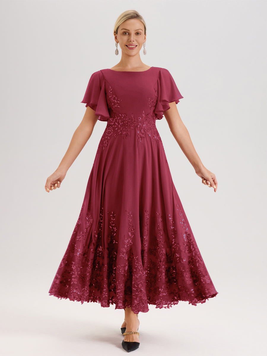 Cicinia Rose Cannelle Robe De Mère De La Mariée Longue À La Cheville Ligne A En Dentelle Et Mousseline À Col Bateau Et Manches Courtes Volantées