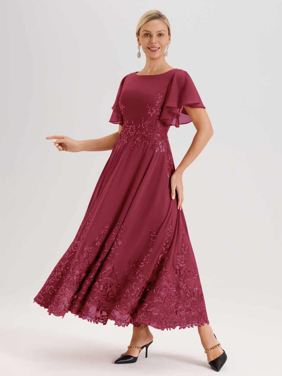 Cicinia Rose Cannelle Robe De Mère De La Mariée Longue À La Cheville Ligne A En Dentelle Et Mousseline À Col Bateau Et Manches Courtes Volantées