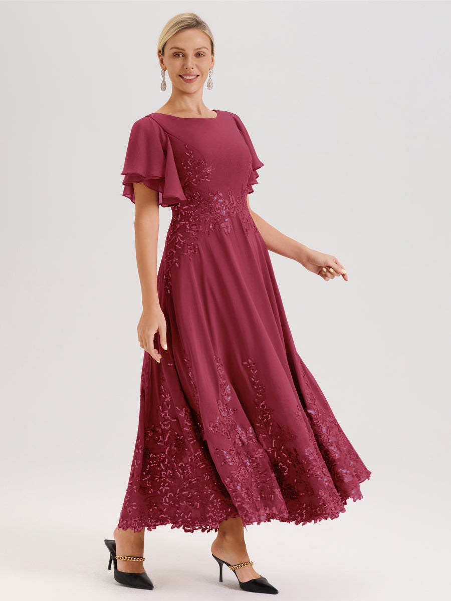 Cicinia Rose Cannelle Robe De Mère De La Mariée Longue À La Cheville Ligne A En Dentelle Et Mousseline À Col Bateau Et Manches Courtes Volantées