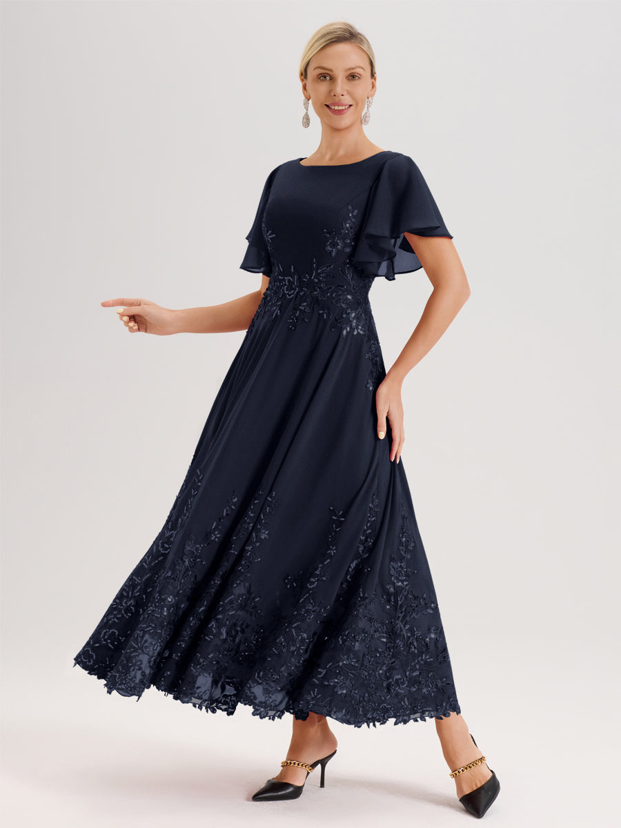 Cicinia Bleu Marine Robe De Mère De La Mariée Longue À La Cheville Ligne A En Dentelle Et Mousseline À Col Bateau Et Manches Courtes Volantées