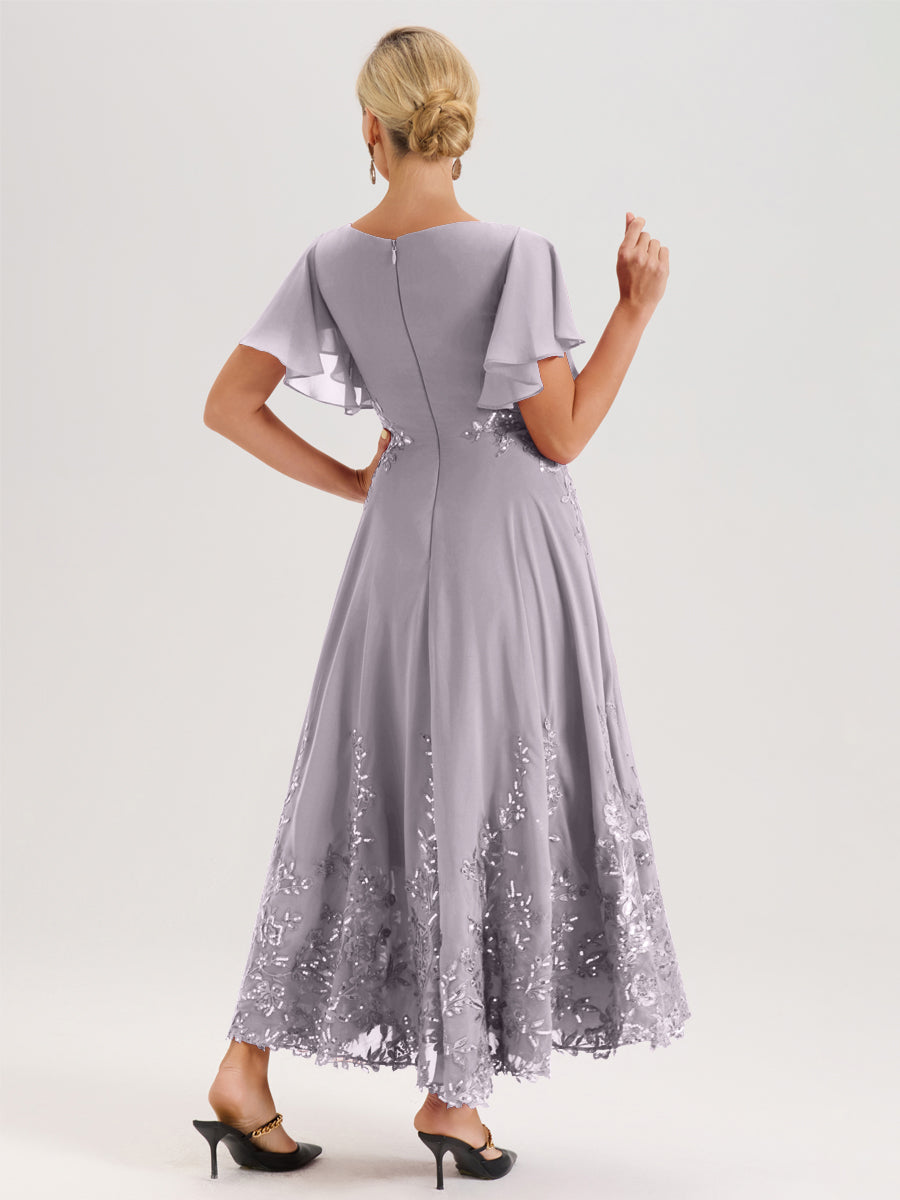 Cicinia Crépuscule Robe De Mère De La Mariée Longue À La Cheville Ligne A En Dentelle Et Mousseline À Col Bateau Et Manches Courtes Volantées