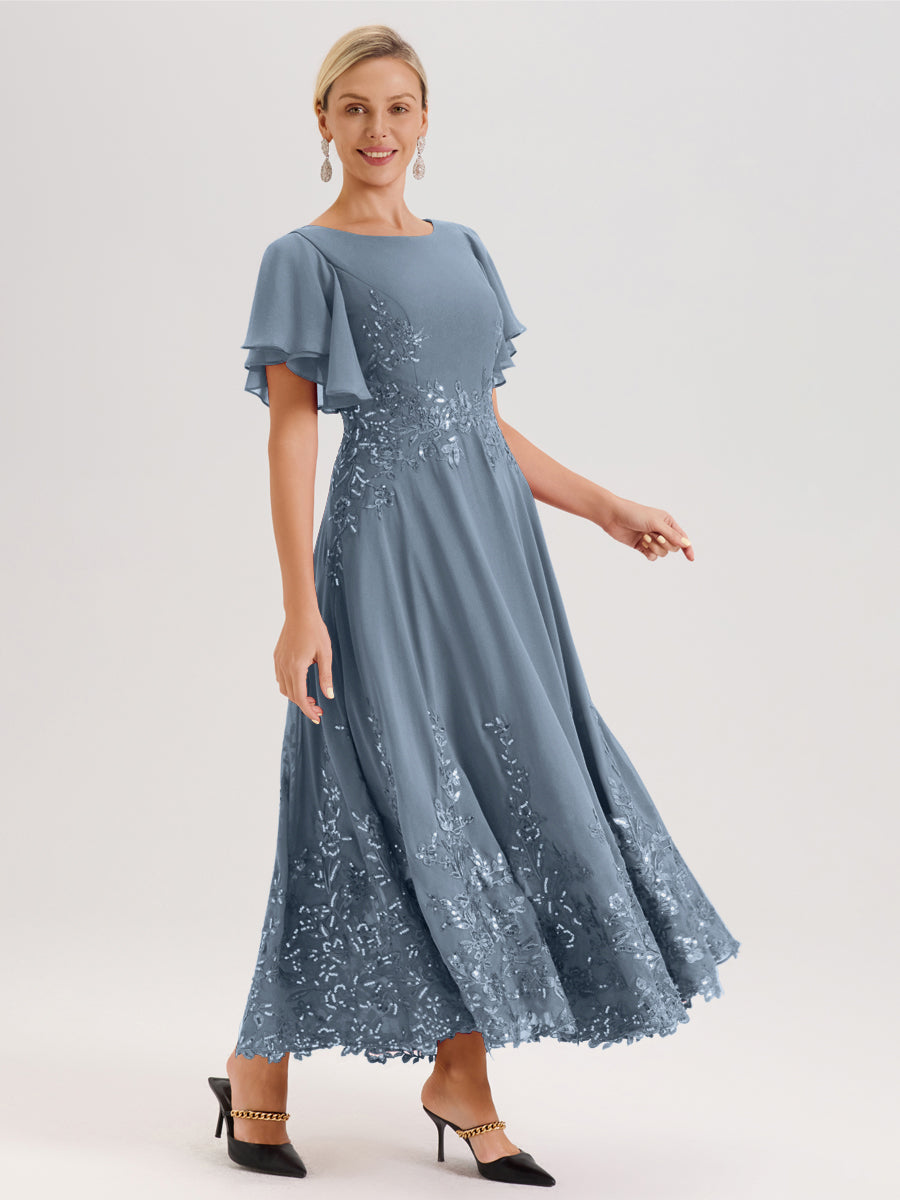 Cicinia Bleu Poudré Robe De Mère De La Mariée Longue À La Cheville Ligne A En Dentelle Et Mousseline À Col Bateau Et Manches Courtes Volantées
