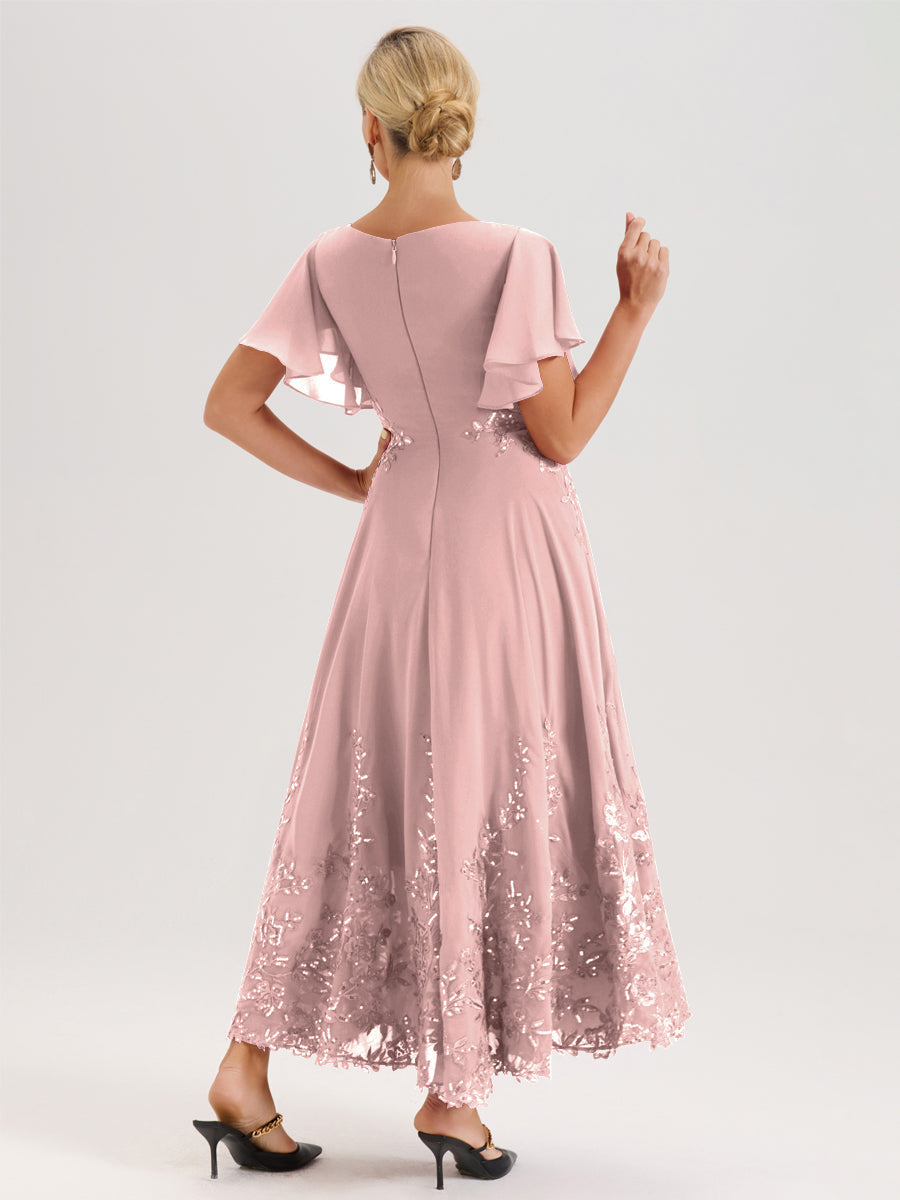 Cicinia Rose Poudré Robe De Mère De La Mariée Longue À La Cheville Ligne A En Dentelle Et Mousseline À Col Bateau Et Manches Courtes Volantées