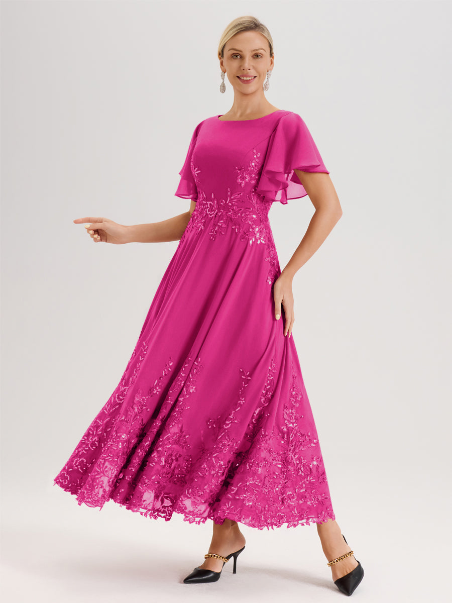 Cicinia Fuchsia Robe De Mère De La Mariée Longue À La Cheville Ligne A En Dentelle Et Mousseline À Col Bateau Et Manches Courtes Volantées