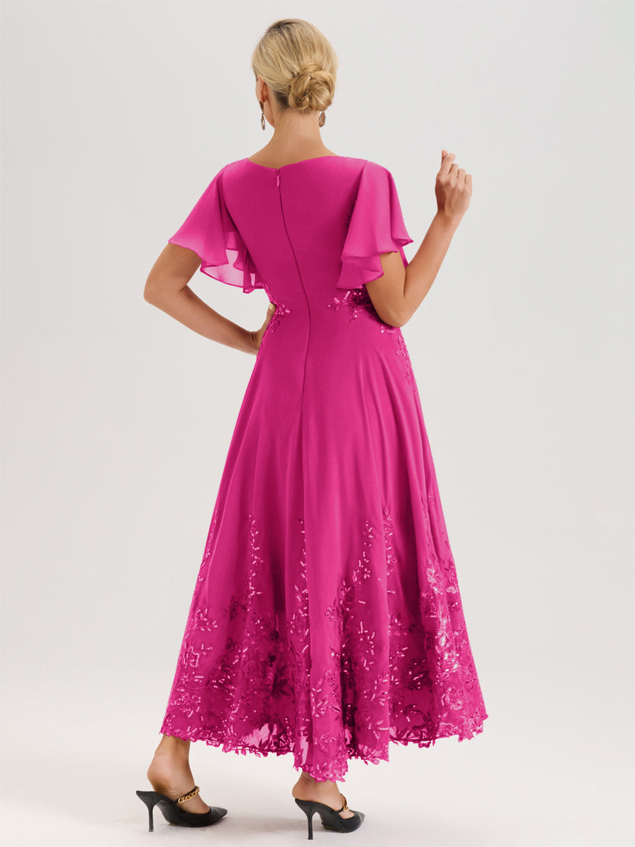 Cicinia Fuchsia Robe De Mère De La Mariée Longue À La Cheville Ligne A En Dentelle Et Mousseline À Col Bateau Et Manches Courtes Volantées