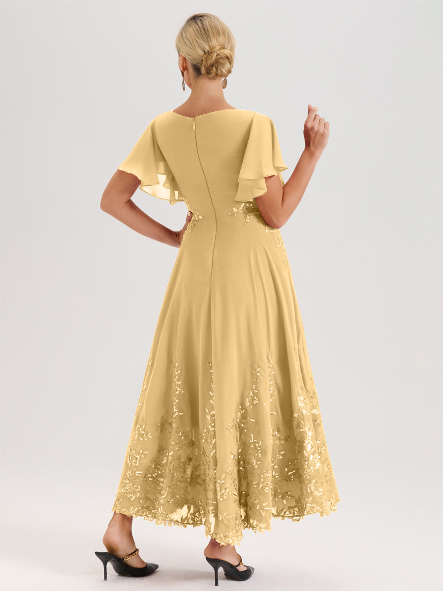 Cicinia Or Robe De Mère De La Mariée Longue À La Cheville Ligne A En Dentelle Et Mousseline À Col Bateau Et Manches Courtes Volantées