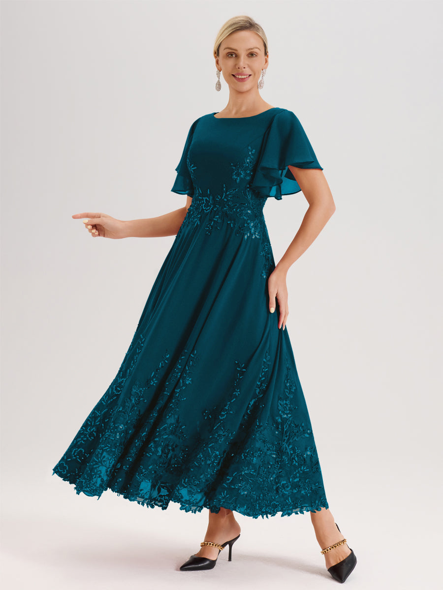 Cicinia Bleu Encre Robe De Mère De La Mariée Longue À La Cheville Ligne A En Dentelle Et Mousseline À Col Bateau Et Manches Courtes Volantées