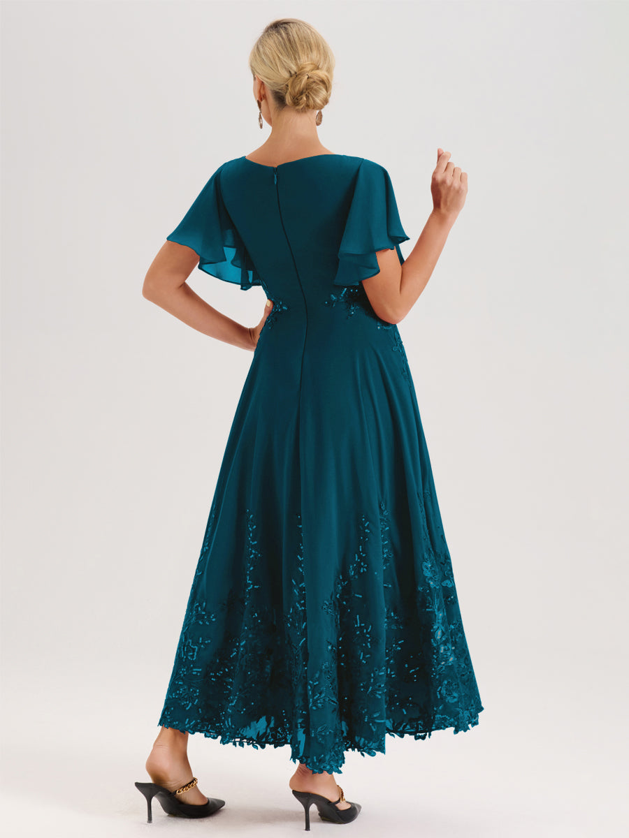 Cicinia Bleu Encre Robe De Mère De La Mariée Longue À La Cheville Ligne A En Dentelle Et Mousseline À Col Bateau Et Manches Courtes Volantées
