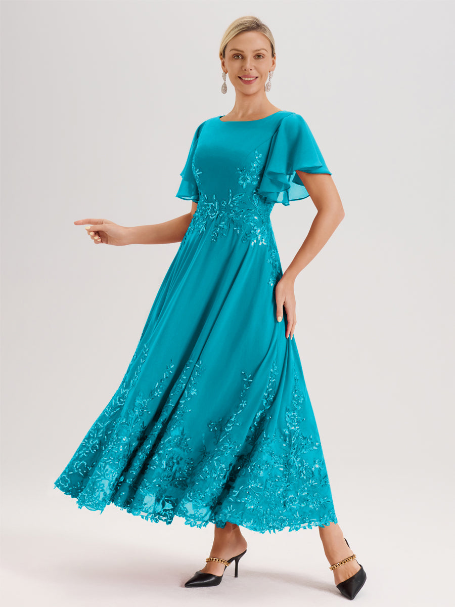 Cicinia Jade Robe De Mère De La Mariée Longue À La Cheville Ligne A En Dentelle Et Mousseline À Col Bateau Et Manches Courtes Volantées
