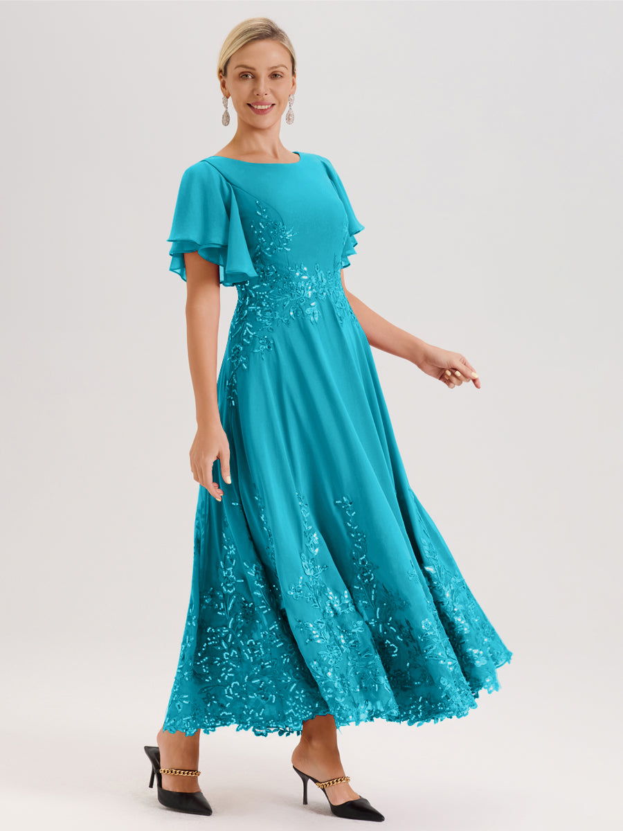 Cicinia Jade Robe De Mère De La Mariée Longue À La Cheville Ligne A En Dentelle Et Mousseline À Col Bateau Et Manches Courtes Volantées