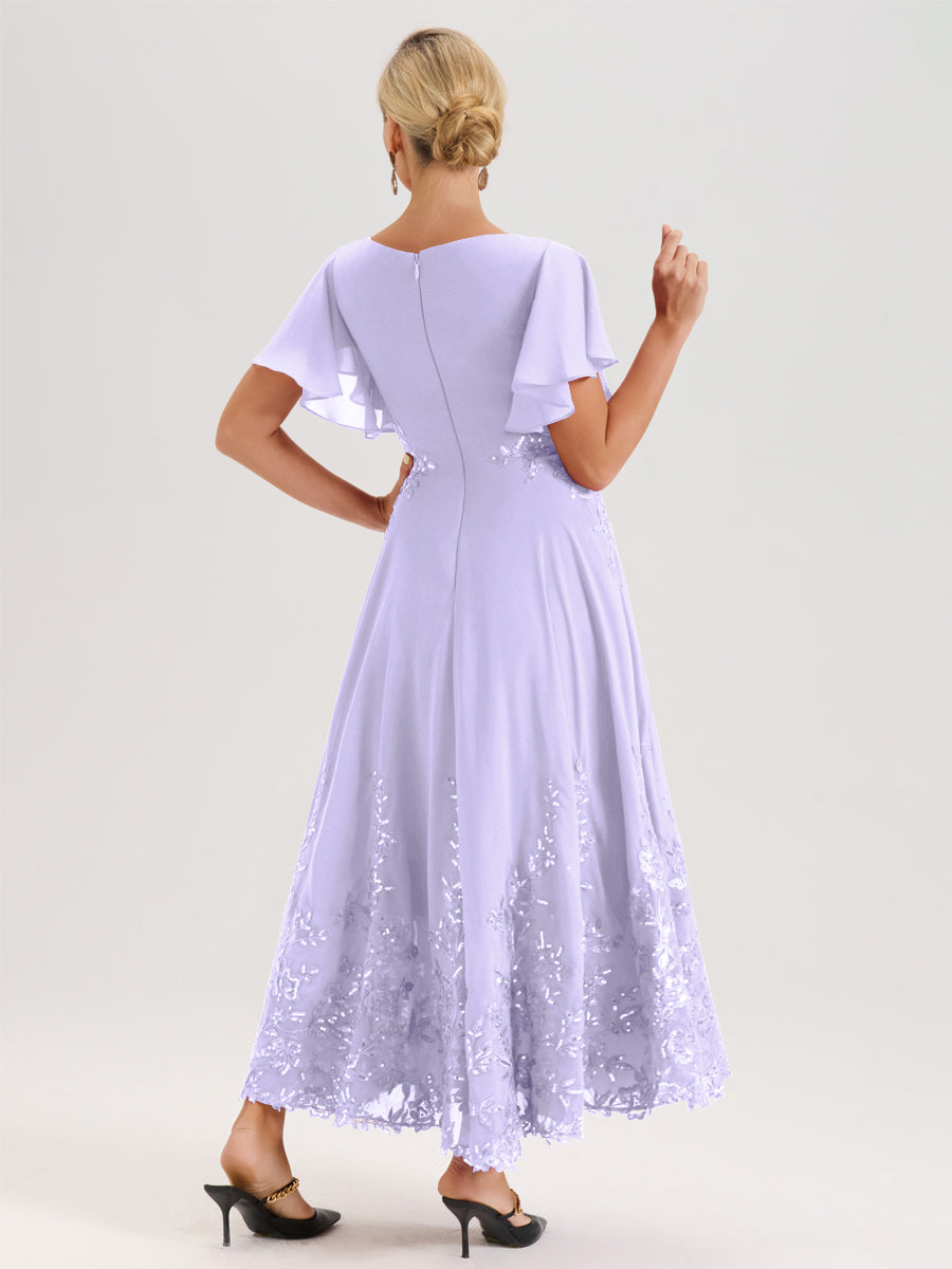 Cicinia Lilas Robe De Mère De La Mariée Longue À La Cheville Ligne A En Dentelle Et Mousseline À Col Bateau Et Manches Courtes Volantées