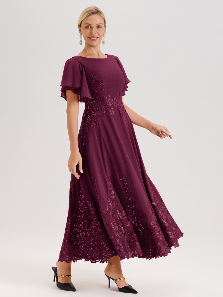 Cicinia Mûre Robe De Mère De La Mariée Longue À La Cheville Ligne A En Dentelle Et Mousseline À Col Bateau Et Manches Courtes Volantées