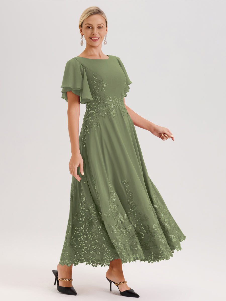 Cicinia Vert Olive Robe De Mère De La Mariée Longue À La Cheville Ligne A En Dentelle Et Mousseline À Col Bateau Et Manches Courtes Volantées