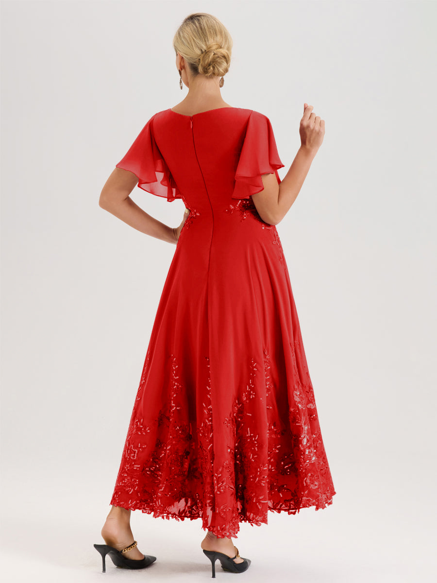 Cicinia Rouge Robe De Mère De La Mariée Longue À La Cheville Ligne A En Dentelle Et Mousseline À Col Bateau Et Manches Courtes Volantées
