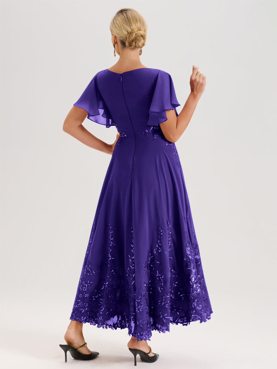 Cicinia Régence Robe De Mère De La Mariée Longue À La Cheville Ligne A En Dentelle Et Mousseline À Col Bateau Et Manches Courtes Volantées