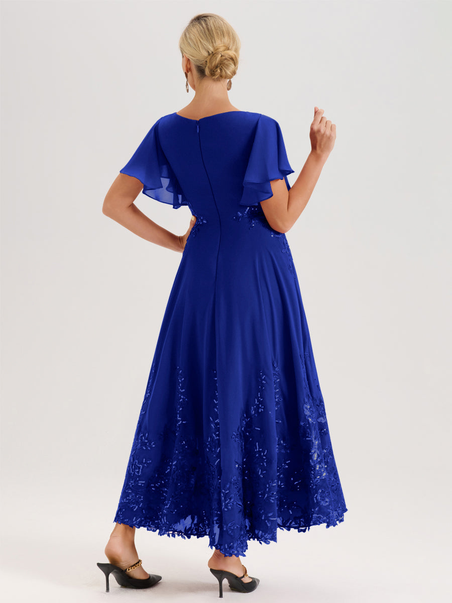 Cicinia Bleu Royale Robe De Mère De La Mariée Longue À La Cheville Ligne A En Dentelle Et Mousseline À Col Bateau Et Manches Courtes Volantées
