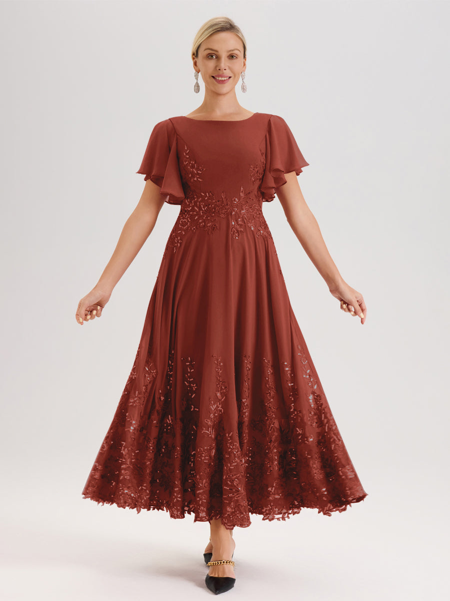 Cicinia Rouille Robe De Mère De La Mariée Longue À La Cheville Ligne A En Dentelle Et Mousseline À Col Bateau Et Manches Courtes Volantées