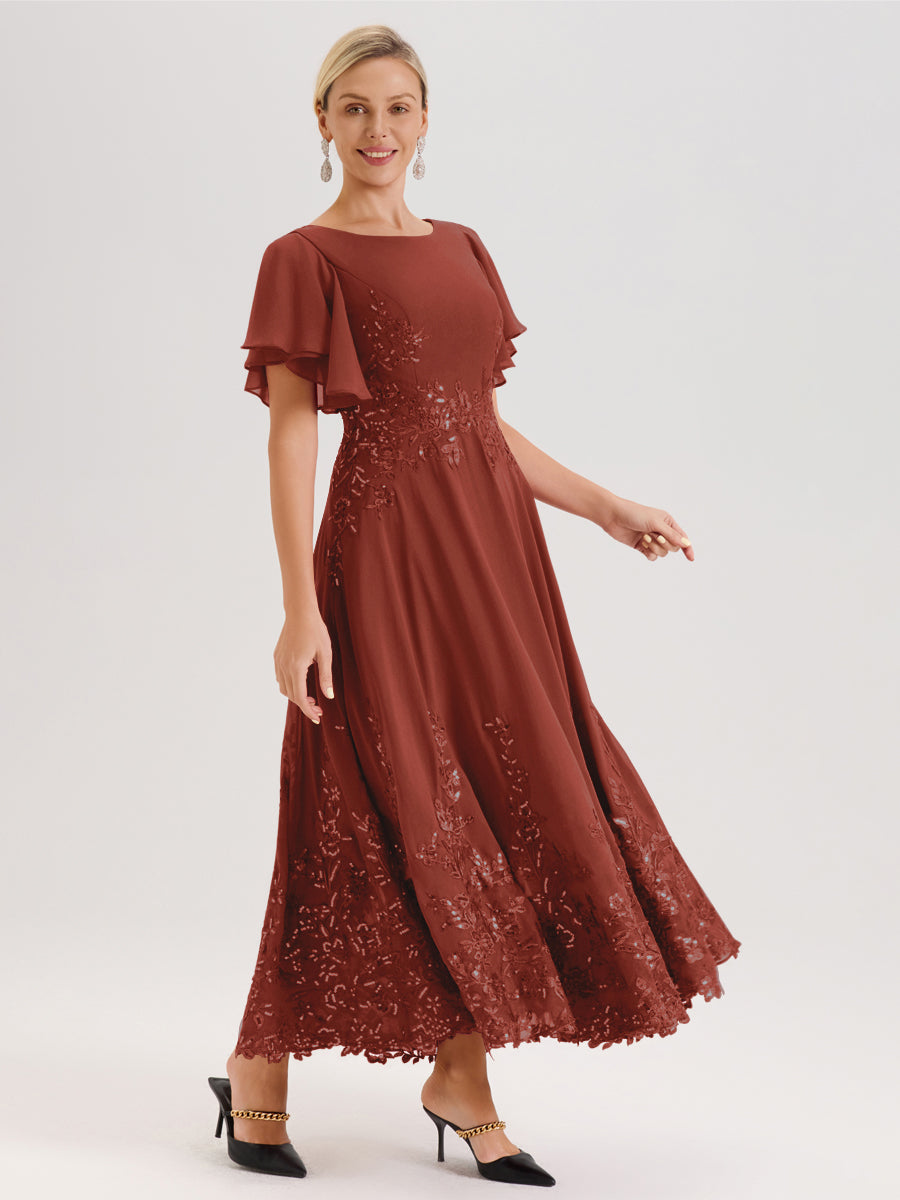 Cicinia Rouille Robe De Mère De La Mariée Longue À La Cheville Ligne A En Dentelle Et Mousseline À Col Bateau Et Manches Courtes Volantées