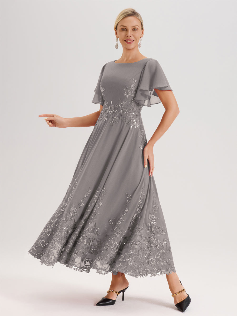 Cicinia Argent Robe De Mère De La Mariée Longue À La Cheville Ligne A En Dentelle Et Mousseline À Col Bateau Et Manches Courtes Volantées