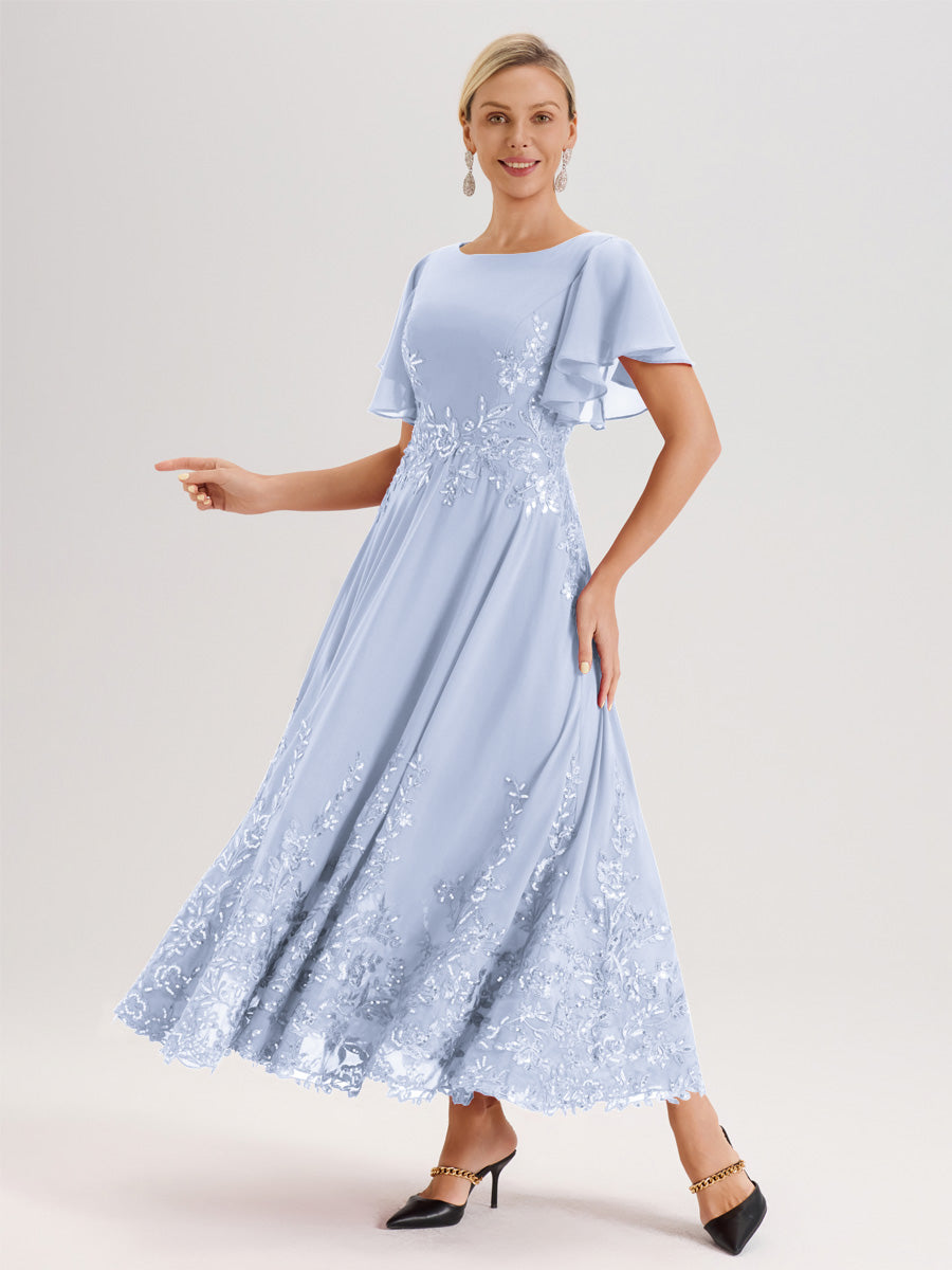 Cicinia Bleu Ciel Robe De Mère De La Mariée Longue À La Cheville Ligne A En Dentelle Et Mousseline À Col Bateau Et Manches Courtes Volantées
