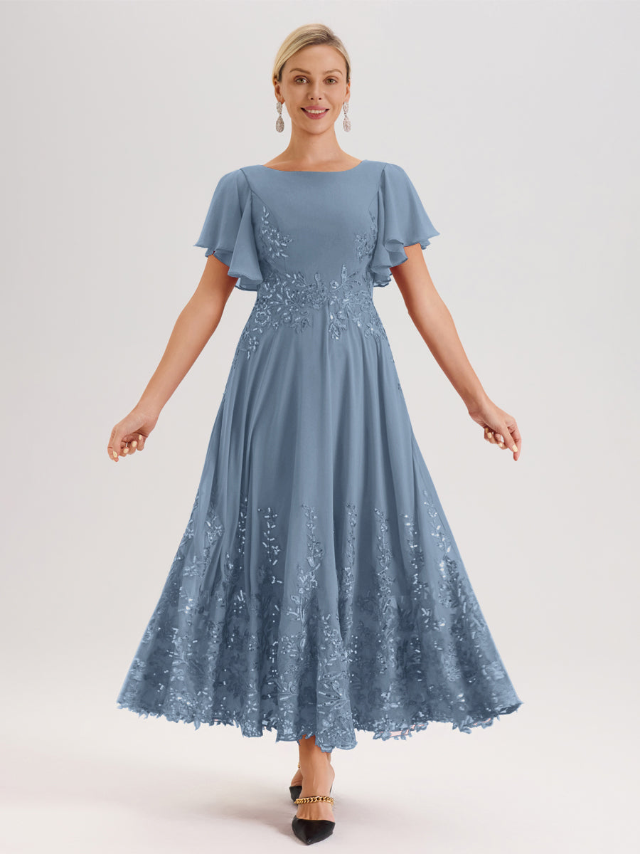 Cicinia Bleu De Schiste Robe De Mère De La Mariée Longue À La Cheville Ligne A En Dentelle Et Mousseline À Col Bateau Et Manches Courtes Volantées