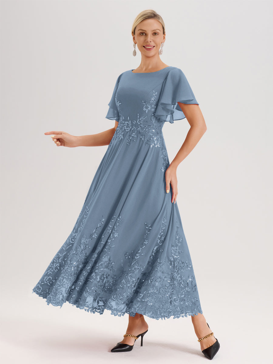Cicinia Bleu De Schiste Robe De Mère De La Mariée Longue À La Cheville Ligne A En Dentelle Et Mousseline À Col Bateau Et Manches Courtes Volantées