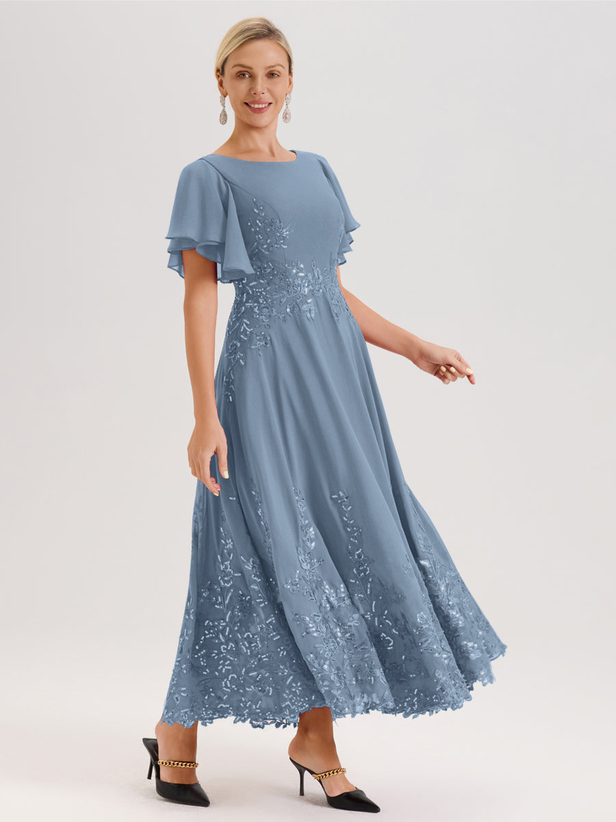 Cicinia Bleu De Schiste Robe De Mère De La Mariée Longue À La Cheville Ligne A En Dentelle Et Mousseline À Col Bateau Et Manches Courtes Volantées