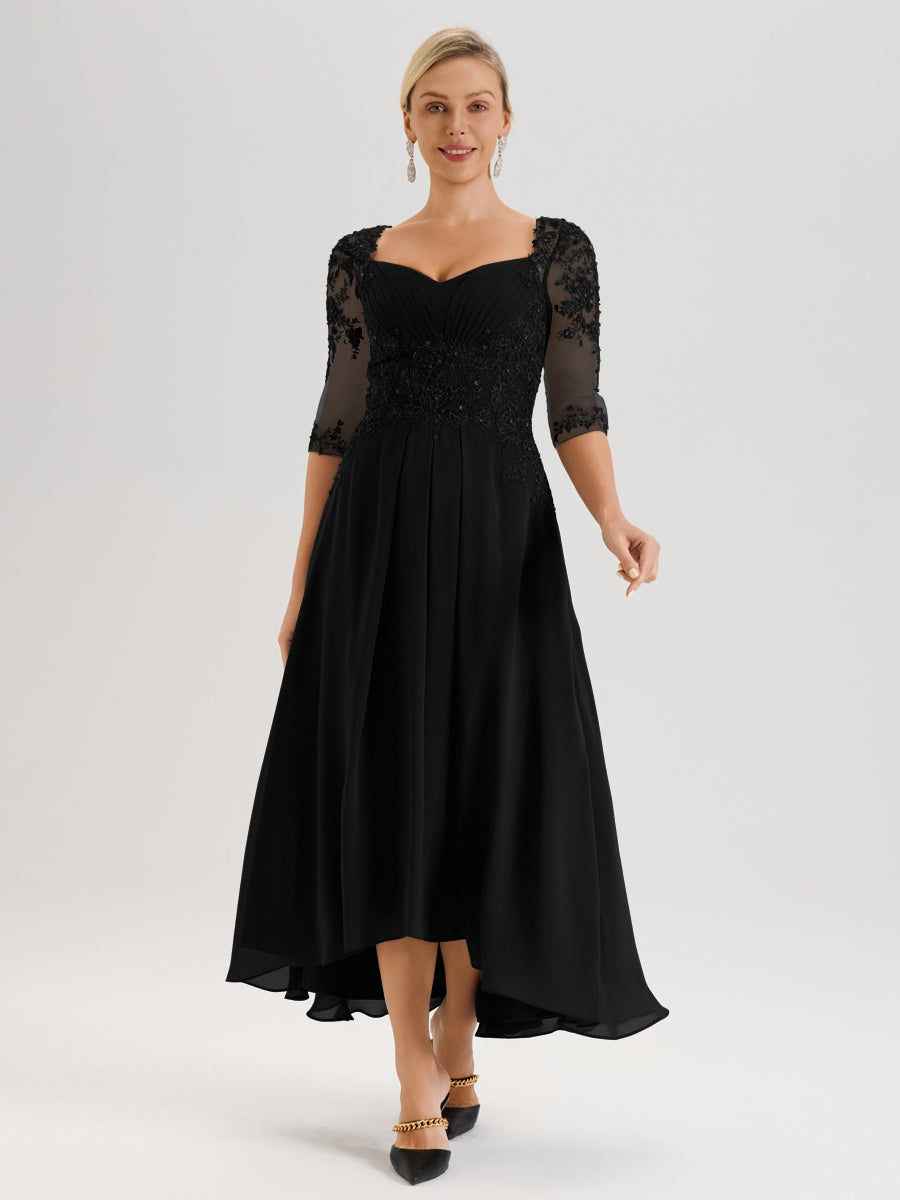 Cicinia Noir Robe De Mère De La Mariée Longue À Ourlet Irrégulier Ligne A En Dentelle Et Mousseline À Décolleté Cœur Et Manches Demi