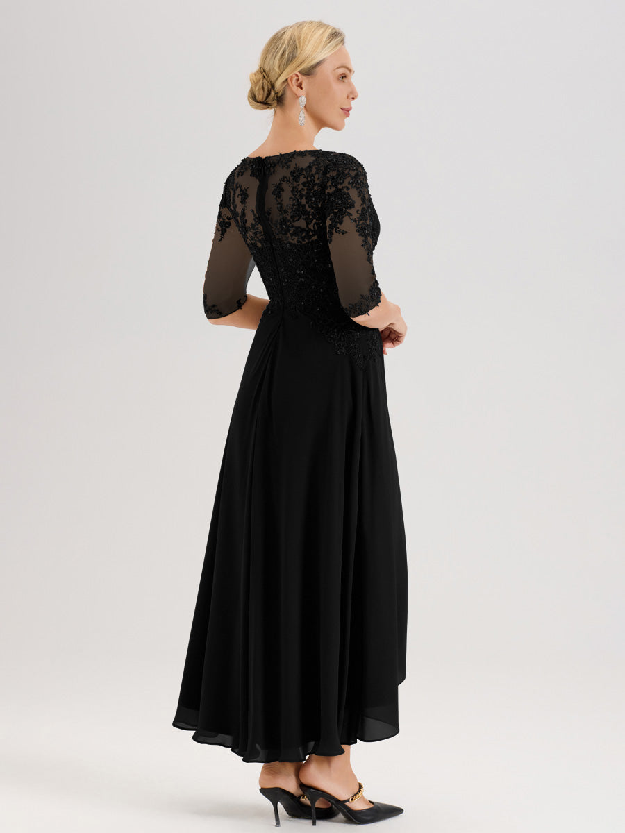 Cicinia Noir Robe De Mère De La Mariée Longue À Ourlet Irrégulier Ligne A En Dentelle Et Mousseline À Décolleté Cœur Et Manches Demi