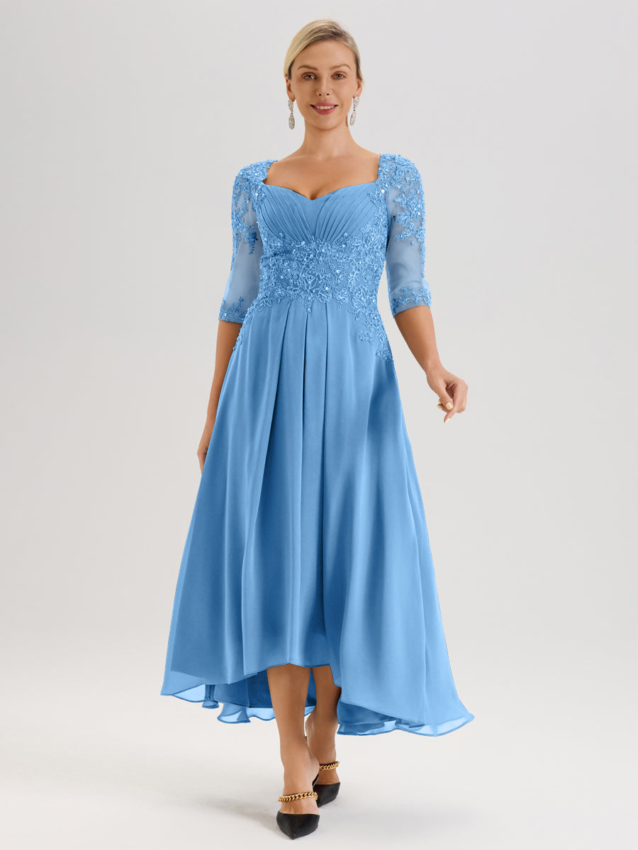 Cicinia Bleu Robe De Mère De La Mariée Longue À Ourlet Irrégulier Ligne A En Dentelle Et Mousseline À Décolleté Cœur Et Manches Demi