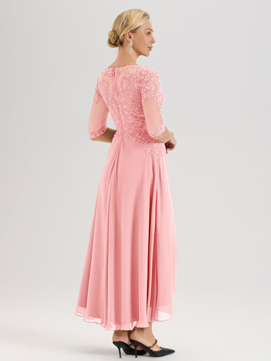 Cicinia Rose Robe De Mère De La Mariée Longue À Ourlet Irrégulier Ligne A En Dentelle Et Mousseline À Décolleté Cœur Et Manches Demi