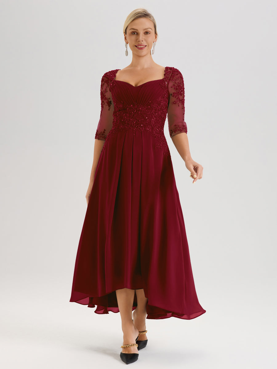 Cicinia Bordeaux Robe De Mère De La Mariée Longue À Ourlet Irrégulier Ligne A En Dentelle Et Mousseline À Décolleté Cœur Et Manches Demi