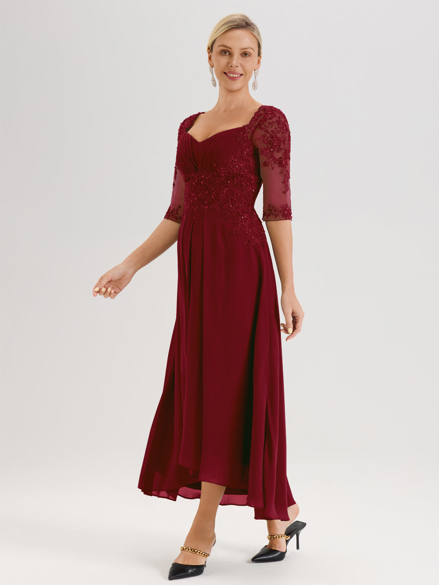 Cicinia Bordeaux Robe De Mère De La Mariée Longue À Ourlet Irrégulier Ligne A En Dentelle Et Mousseline À Décolleté Cœur Et Manches Demi